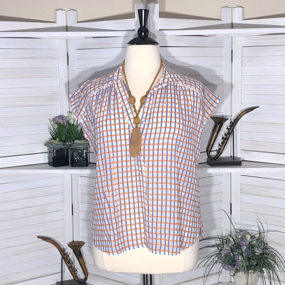 Anthropologie Tops - Anthropologie Pilcro oversized squared blue orange white boho linen shirt sz S